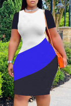 Blue Fashion Striped Patchwork O Neck Plus Size Dresses