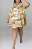 Yellow Casual Print Patchwork Buckle Turndown Collar A Line Plus Size Dresses