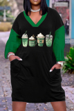 Black Green Casual Print Patchwork Basic V Neck Long Sleeve Dresses