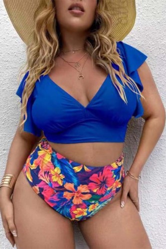 Colorful Blue Casual Print Solid Patchwork V Neck Plus Size Swimwear (With Paddings)