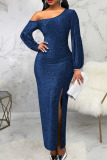 Peacock Blue Sexy Solid Patchwork Slit Oblique Collar Dresses