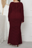 Purplish Red Fashion Sexy Solid Patchwork See-through O Neck Long Sleeve Plus Size Dresses