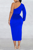 Blue Casual Solid Patchwork Backless Oblique Collar Long Sleeve Dresses