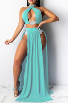 Blue Fashion Sexy Solid Hollowed Out Swimwears Set