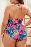 Multicolor Sexy Print Solid Hollowed Out Backless Cross Straps V Neck Plus Size Swimwear