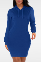 Blue Casual Solid Patchwork Hooded Collar Pencil Skirt Dresses