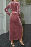 Pink Formal Solid Patchwork V Neck Waist Skirt Dresses