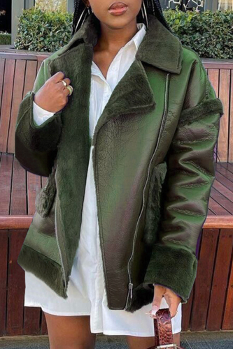 Green Fashion Casual Solid Patchwork Turndown Collar Outerwear