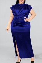 Blue Fashion Casual Plus Size Solid Slit Fold Half A Turtleneck Evening Dress