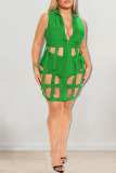 Green Sexy Solid Hollowed Out Patchwork Zipper Turndown Collar Plus Size Two Pieces