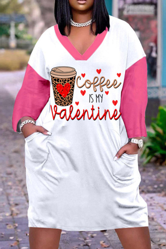 Valentine's Day White Khaki Casual Print Patchwork Basic V Neck Long Sleeve Dresses