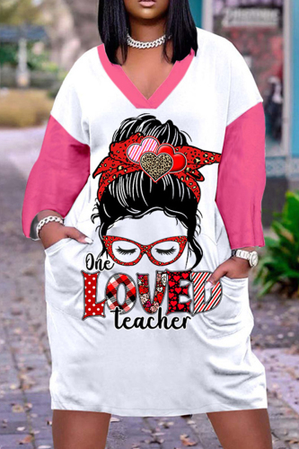 Valentine's Day White Red Casual Print Patchwork Basic V Neck Long Sleeve Dresses