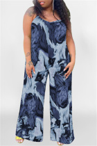 Blue Sexy Casual Print Backless Spaghetti Strap Plus Size Jumpsuits