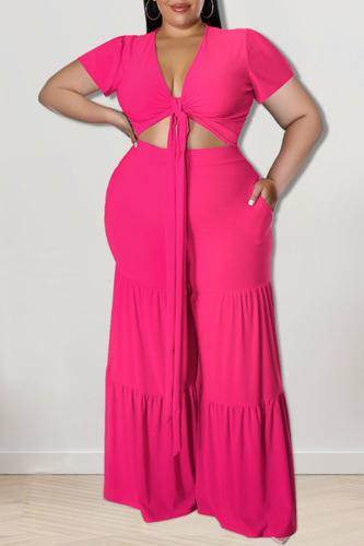 Rose Red Casual Solid Bandage Patchwork V Neck Plus Size Two Pieces