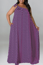 Purple Casual Print Polka Dot Bandage Patchwork Oblique Collar A Line Plus Size Dresses