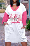 Valentine's Day Pink Casual Print Patchwork Basic V Neck Long Sleeve Dresses