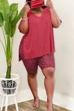 Tangerine Red Casual Print Leopard Patchwork Slit V Neck Plus Size Two Pieces