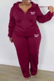 Fuchsia Casual Print Letter Hooded Collar Plus Size Two Pieces