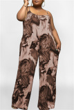 Coffee Sexy Casual Print Backless Spaghetti Strap Plus Size Jumpsuits