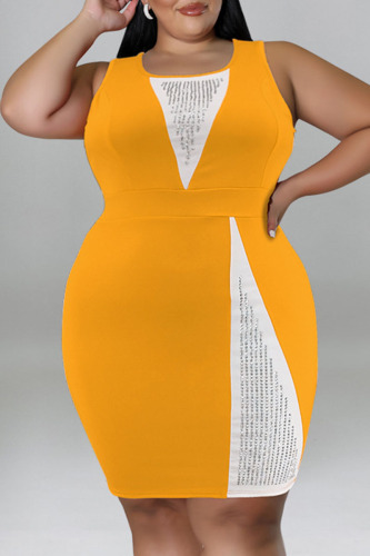 Gold Casual Solid Patchwork Hot Drill O Neck Vest Dress Plus Size Dresses