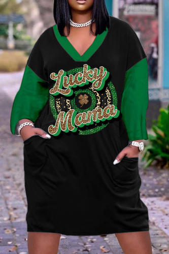 Dark Green Black Casual Print Patchwork Basic V Neck Long Sleeve Dresses