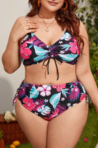 Black Pink Sexy Print Frenulum Backless V Neck Plus Size Swimwear (With Paddings)