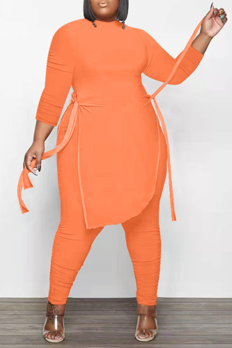 Orange Casual Solid Patchwork Half A Turtleneck Plus Size Two Pieces
