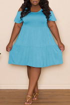 Sky Blue Casual Solid Patchwork Fold O Neck A Line Plus Size Dresses