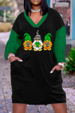 Black Green Casual Print Patchwork Basic V Neck Long Sleeve Dresses