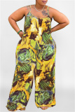 Coffee Sexy Casual Print Backless Spaghetti Strap Plus Size Jumpsuits