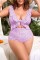Purple Sexy Print Hollowed Out Frenulum Backless V Neck Plus Size Swimwear (With Paddings)
