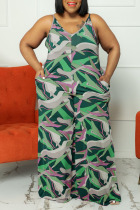 Ink Green Casual Print Patchwork Spaghetti Strap Plus Size Jumpsuits