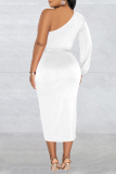 White Casual Solid Patchwork Backless Oblique Collar Long Sleeve Dresses