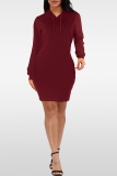Burgundy Casual Solid Patchwork Hooded Collar Pencil Skirt Dresses
