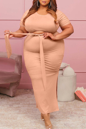 Apricot Pink Casual Solid Bandage Patchwork Slit O Neck Plus Size Two Pieces