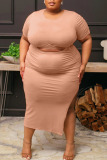 Apricot Pink Casual Solid Bandage Patchwork Slit O Neck Plus Size Two Pieces