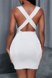 White Fashion Casual Solid Backless V Neck Sleeveless Dress