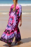 Blue Casual Print Patchwork Slit V Neck Beach Dress Dresses