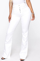 White Fashion Casual Solid Patchwork High Waist Regular Denim Jeans