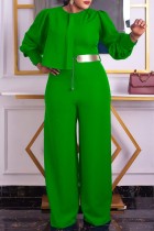 Green Casual Solid Patchwork O Neck Regular Jumpsuits