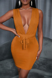 Orange Yellow Fashion Casual Solid Backless V Neck Sleeveless Dress