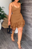 Brown Sexy Casual Solid Spaghetti Strap Wrapped Skirt Dresses