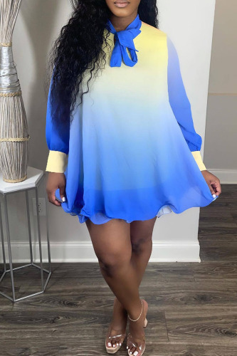 Sky Blue Casual Print Bandage Patchwork O Neck Straight Dresses