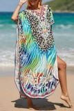 Leopard Print Casual Print Patchwork Slit V Neck Beach Dress Dresses