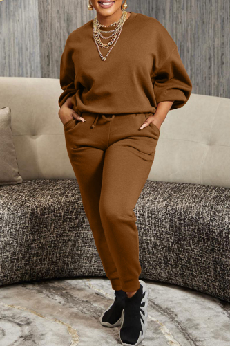 Coffee Casual Solid Patchwork Basic O Neck Long Sleeve Two Pieces