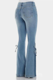 Baby Blue Casual Street Solid Patchwork Cross Straps Boot Cut Mid Waist Wide Leg Bottoms