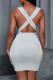 Light Gray Fashion Casual Solid Backless V Neck Sleeveless Dress