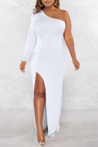 White Sexy Formal Solid Backless Slit Oblique Collar Long Sleeve Dresses
