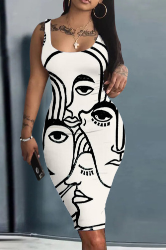 White Sexy Casual Print Basic U Neck Vest Dress Dresses