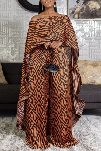 Tangerine Red Casual Print Asymmetrical Off the Shoulder Two Pieces